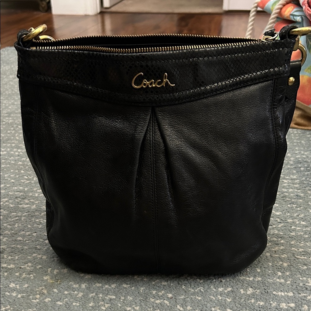 Coach Ashley Bag Black Pebbled Leather Shoulder Bag with Gold Accents